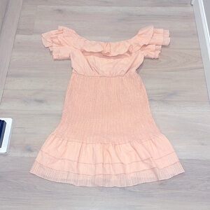 Hazel & Olive Boutique online Pink Peach Mini Dress M ruffles off shoulder